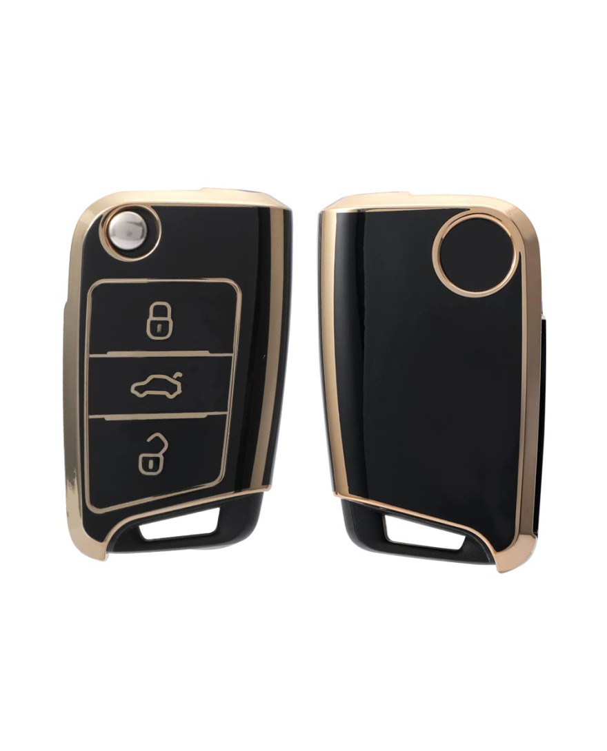 keycare TPU Key Cover For Volkswagen Virtus, Tiguan, T-Roc, Taigun, New Jetta 3 Button Flip Key | TP44 | Gold Black